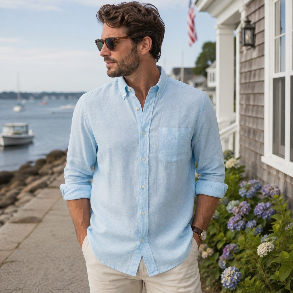 Brooks Brothers Large Light Blue Linen Button-Down Shirt Cruise Casual Preppy